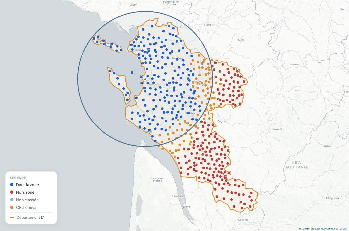 Mode Cercle : un rayon de 49 km autour de La Rochelle, communes bleues dans le cercle, rouges au-delà