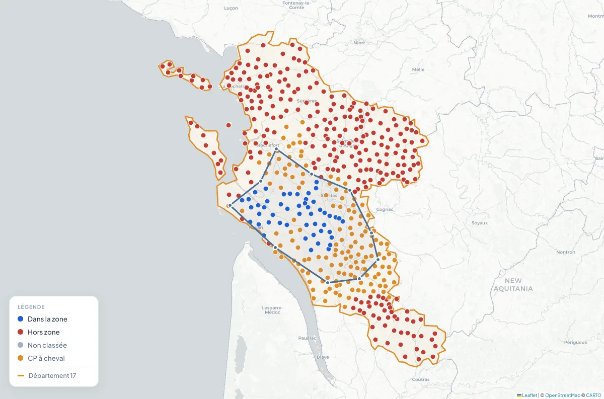 Mode Polygone : un secteur dessiné autour de Saintes, communes bleues dedans, rouges dehors